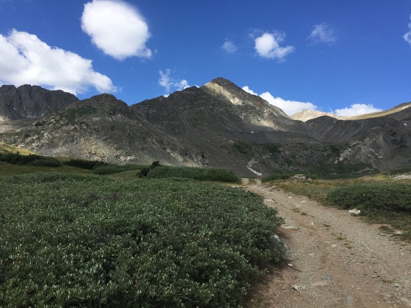 Father Dyer Peak and the 3rd class ridge is in the center and left of the photo. Crystal Peak is in the sun just in view to the right of Father Dyer Peak.