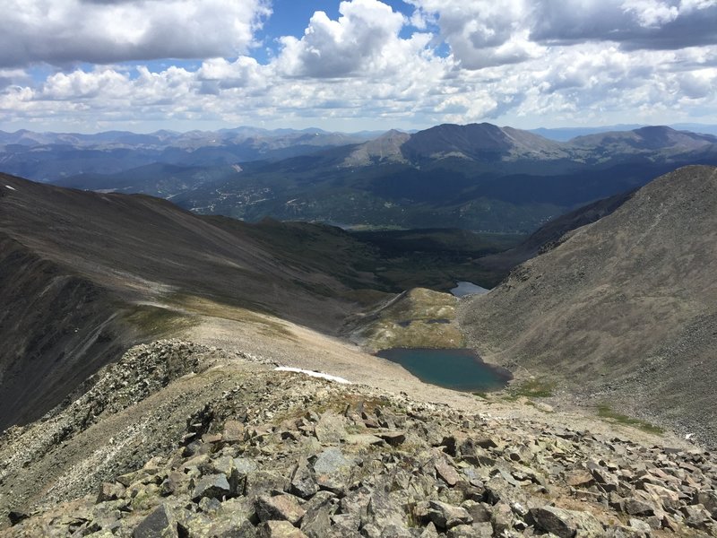 From the summit of Crystal Peak.  Looking down at upper Crystal lake and the descent ridge towards Peak 10