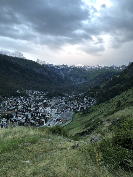 Looking back on the town of Zermatt on the first ascent.