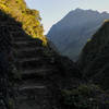 A great example of the excellent trail construction along Sentier Scout with a view down Bras Bemale's ravine.