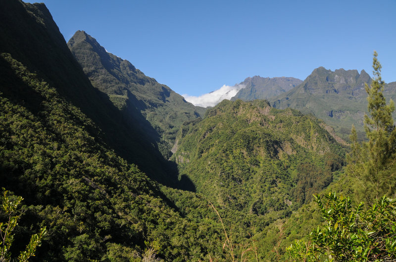 The narrow ridge section of Sentier Augustave offers exceptional views to Le Cimendef and Piton des Neiges