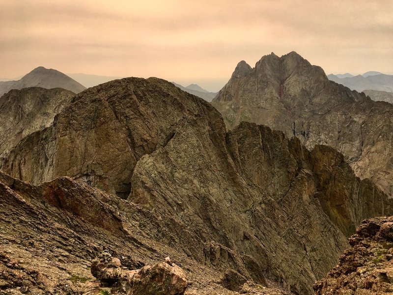 Humbolt, Columbia Point, and the Crestones on a hazy day, just below the Kit Carson Summit.