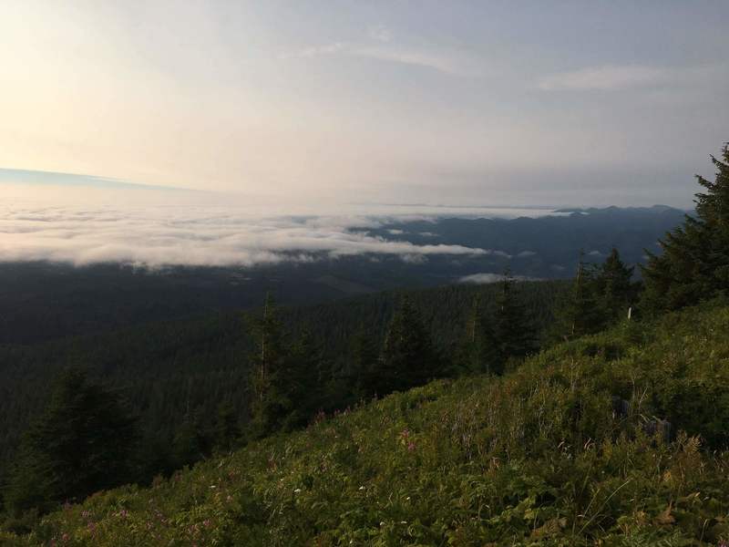 Clouds covering the Pacific and parts of the valley below