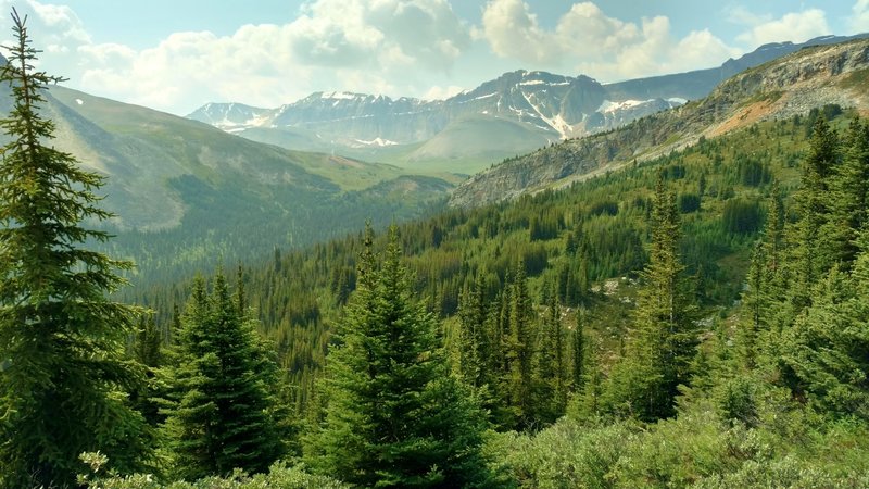 Forested hills, ridges, and snowy moubtains to the east, as seen from Pobotkan Pass Trail, as the trail begins its descent to the John-John Trail Camp.