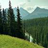 Looking east in the early morning, from a grassy bluff overlooking the Brazeau River fork from Brazeau Lake.