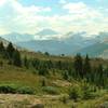 Mountains, snowfields, and glaciers to the south, seen from meadows high on the trail to Nigel Pass from the Nigel Creek Trailhead, almost to the pass.