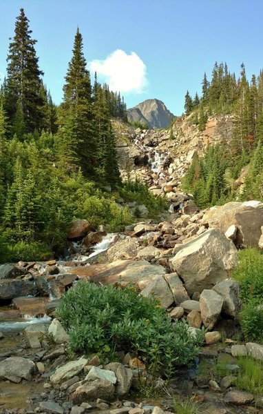 A creek tumbles down a waterfall to flow into Four Point Creek. Several of these side creeks get rock hopped or splashed through on the Jonas Pass Trail.