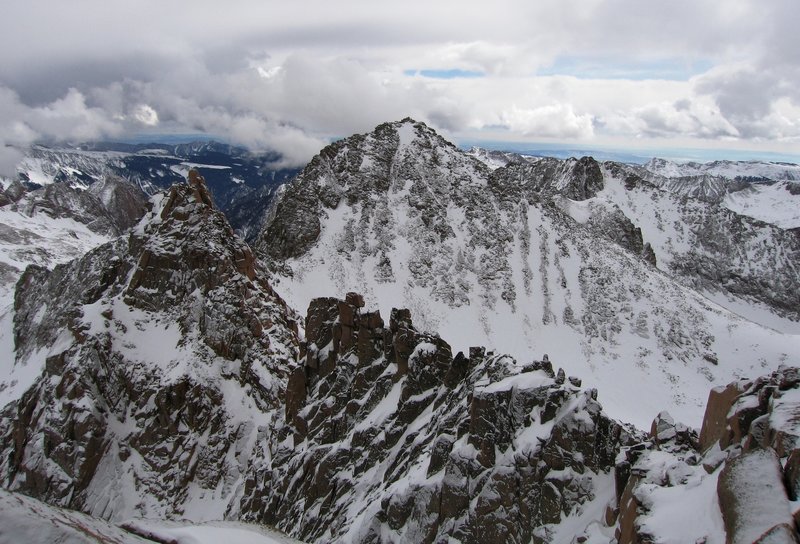 Sunlight Spire and Windom Peak from Sunlight Peak. The last day of good weather.