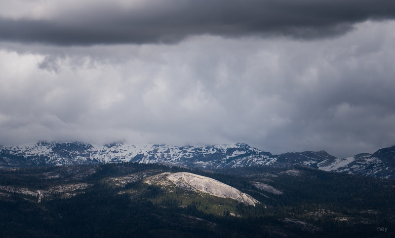 Slick Rock Dome from Big Hill Fire Lookout. High Sierra in background.