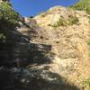 In spring this would be a waterfall. This is the Hornet Creek drainage just above where the trail crosses it. Climb up the drainage to reach the cliff tops.