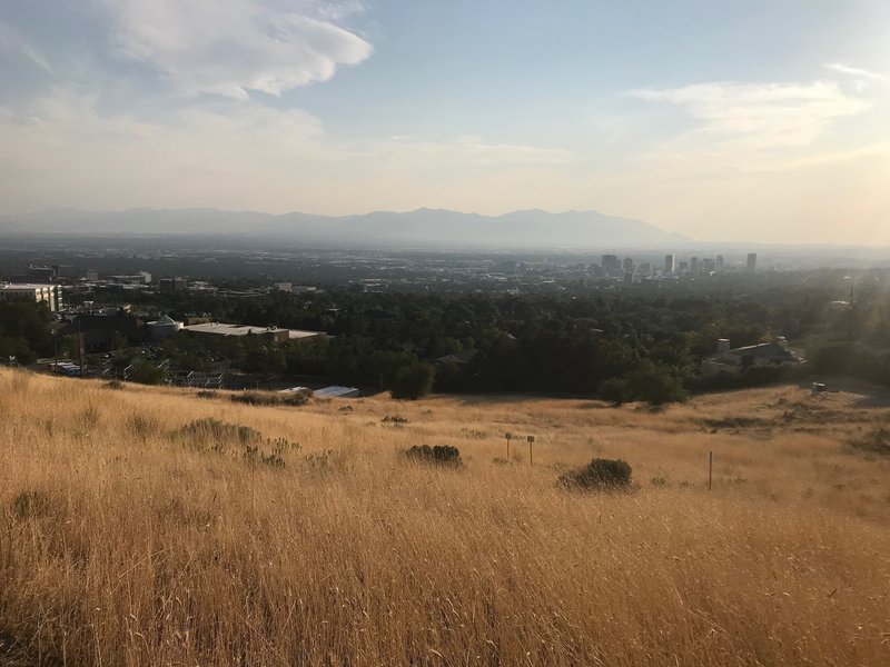 A view into downtown Salt Lake from the Bonneville Shoreline Trail, with some bad wildfire smoke in the background