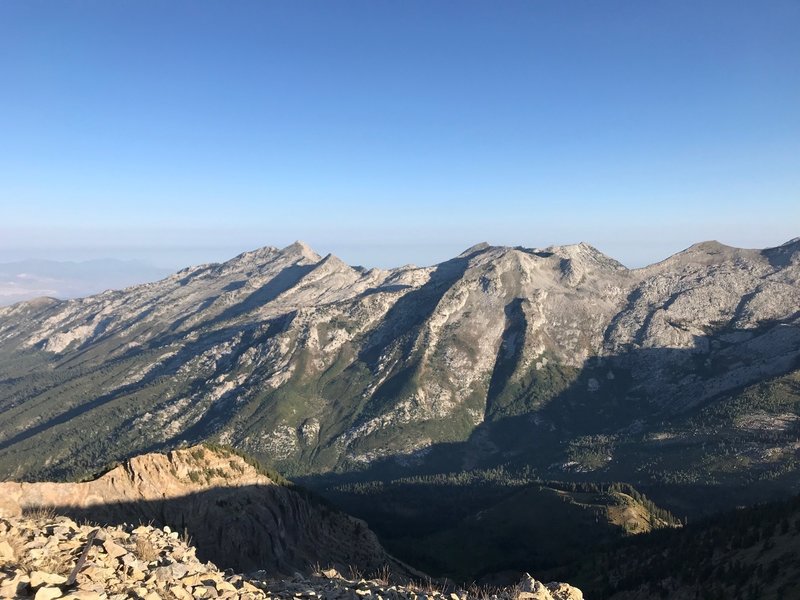 Lone Peak and the surrounding peaks, as seen from the summit of Box Elder