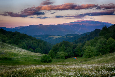 Wild camping at sunset in 'Gyolort' wildflower meadow in the south of Dilijan National Park.