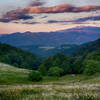 Wild camping at sunset in 'Gyolort' wildflower meadow in the south of Dilijan National Park.