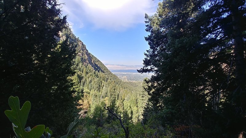 View of Salt Lake Valley looking west from Bells Canyon Lower Falls spur trail to the falls