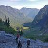 Ascending the rubble field up to Hanes Pass