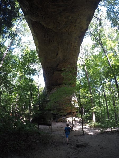 Below the arch.