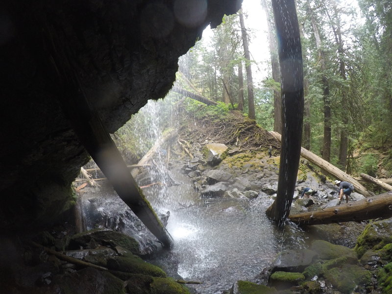 In the cave behind the upper falls.