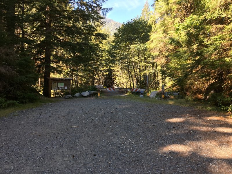 Looking towards the official 'start' of the Snoqualmie Lake Trail, the old parking lot and trailhead, which is now only accessible by foot.