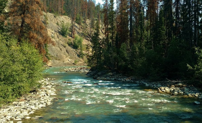 The beautiful turquoise Miette River is crossed by the Dorothy, Christine and Virl Lakes Trail on a sturdy bridge.