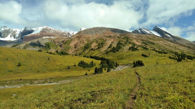 Looking northeast, left to right - Calumet Peak, low ridge, ridge forming north side of Moose River valley descending southwest from Moose Pass, with the headwaters of Calumet Creek in the foreground, seen from the trail just west of Moose Pass.