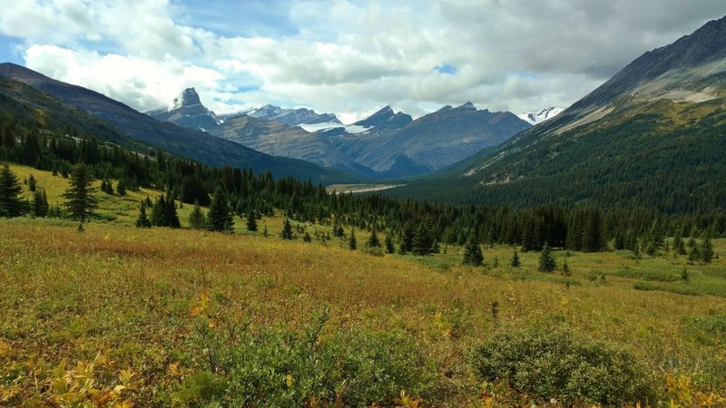 More mountains, glaciers, and snowfields come into view to the west-southwest when descending through the Moose Pass meadows. Mumm Peak, Mount Anne-Alice, Mural Glacier, Mount Phillips, and Gendarme Mountain (left ot right).