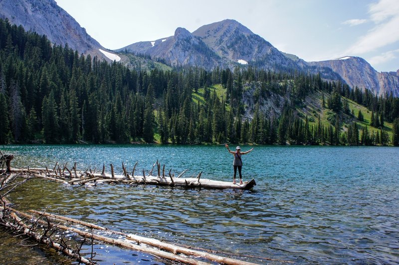 Balancing on driftwood of Fairy Lake