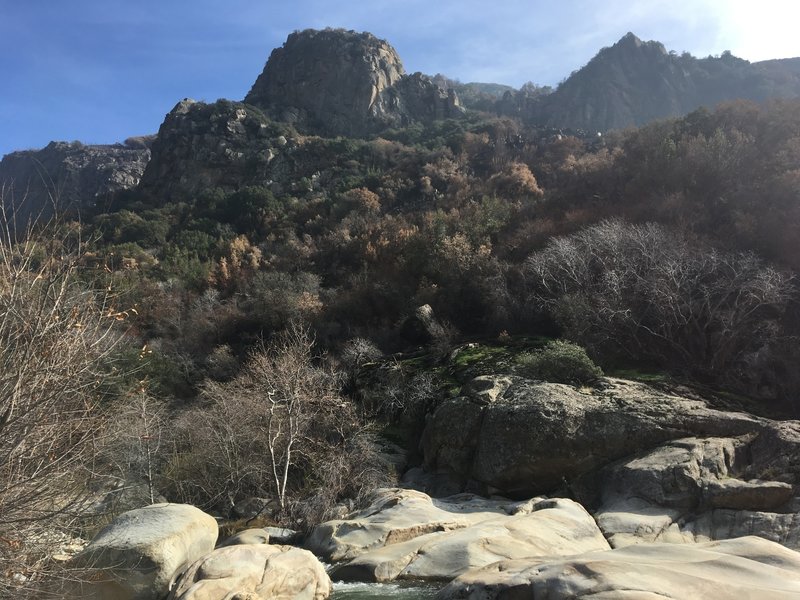 Looking up towards the rock on the east bank