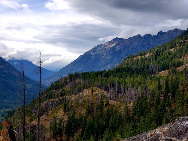 Looking up the Stehekin valley towards McGregor mountain from the Rainbow Loop Trail.