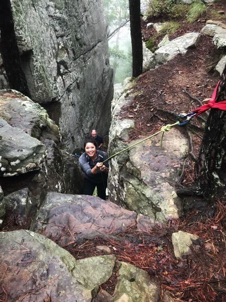 Climbing up Bear Crack in order to reach the top of Sam's Throne.