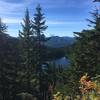 Looking down on Ollalie Lake with Mt. Rainier off in the distance. ~4 miles in on Pratt Lake Trail (from parking lot)