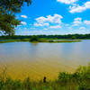 The view of an inlet of Lake Texoma from a well placed bench.