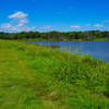 Your hike takes you ove a wide levee that seperates an overflow pond and Lake Texoma.