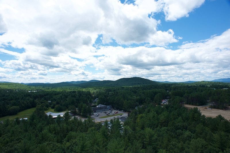 The town of Fryeburg can be seen nestled in the trees below Jockey Cap.  Here, you can see Quinn's Jockey Cap store and the shopping center across the street.