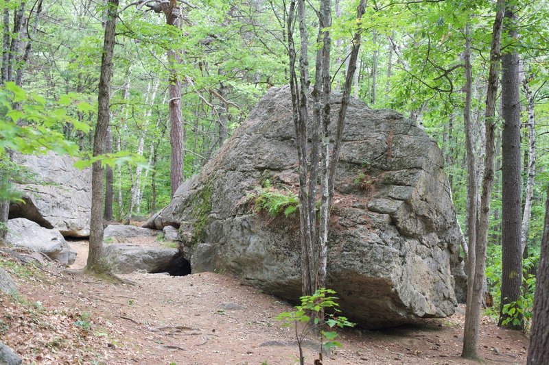 Rocks below Jockey Cap make up Molly Ockett's Cave.   Kids enjoy scrambling on them, and people like to boulder on the large rocks.