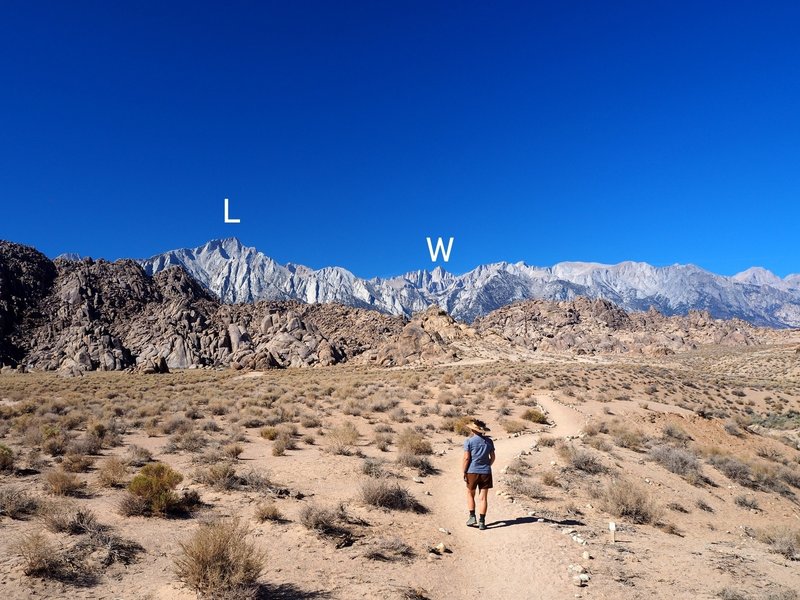 On the loop trail, with Lone Pine Peak (L) and Mount Whitney (W) on the horizon.