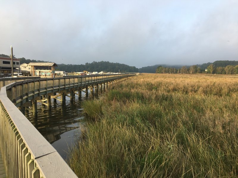 View of elevated boardwalk at start of Chesapeake Beach Railway Trail