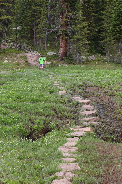 Crossing bog in upper meadow before you begin the final ascent to lake.