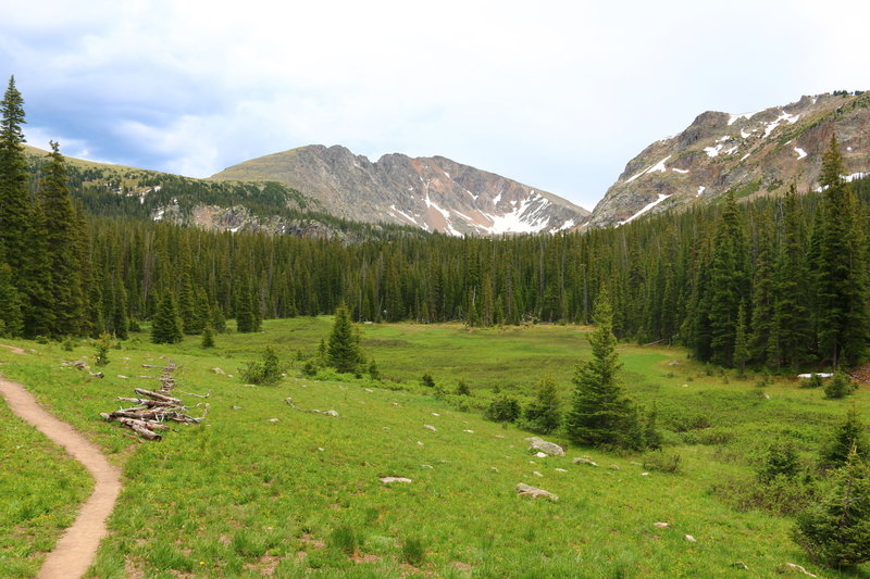 Valley view as you approach the fork with the Caribou Trail.  Note old abandoned trail.