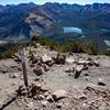 Looking down the Dragon's Back Trail toward Lake Mary, Lake George, and Horsehoe Lake from the ridge below the summit of Mammoth Mountain.