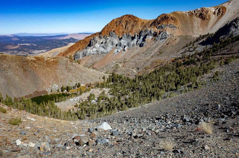 Laurel Lakes and Laurel Lakes Road viewed from the start of the climb up Bloody Mountain.