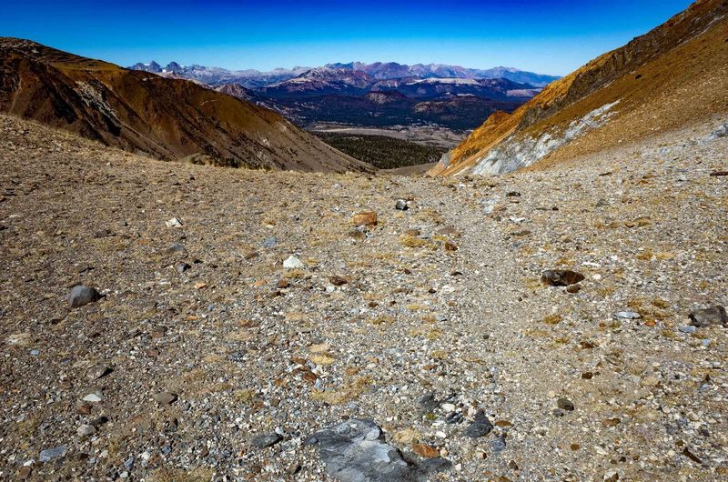 Looking back down the trail in the direction of Laurel Lakes Road from the saddle between Bloody Mountain (to the left) and Laurel Mountain (to the right).