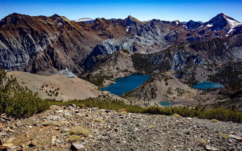 From left to right, Mount Morrison, Mount Aggie, and Mount Baldwin viewed from the ridge of Bloody Mountain.