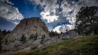 Looking up at Mammoth Rock--a limestone and marble formation--from the Mammoth Rock Trail.