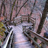 On the Ha Ha Tonka Spring Trail, above the spring. Looking back down the stairs from the spring, with the lower trail visible in the right side distance.  About:  37.973922, -92.766711