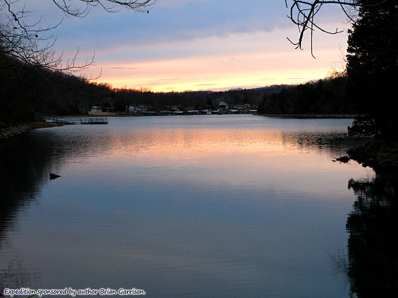 Winter sunset on a calm day, looking across Lake of the Ozarks from the bridge connecting Ha Ha Tonka's Spring Trail and Island Trail.  About:  37.974176, -92.771760