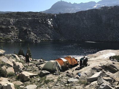 Our campsite looking southeast in the morning over the upper lake and the waterfall flowing in. Great view from this spot.