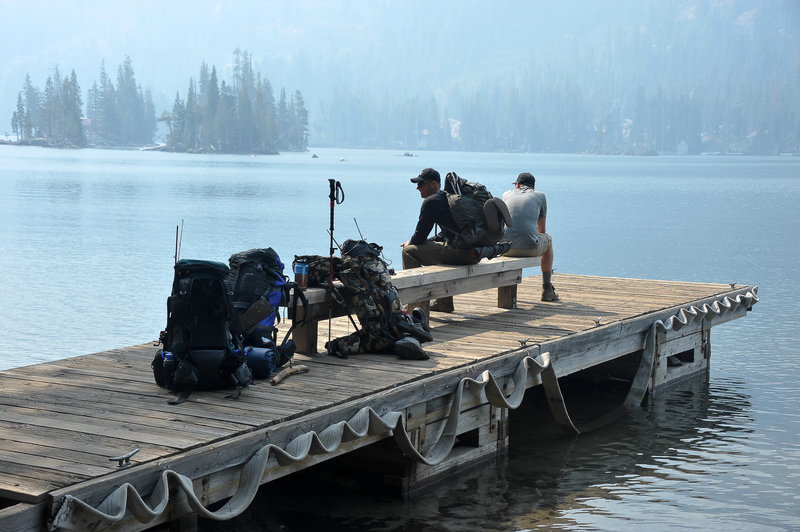 The pier on upper Eco Lake, waiting for the water taxi to take us home. A lot of wild fire smoke on this trip.