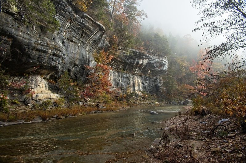 North Sylamore Creek, near a campsite, misty fall morning.