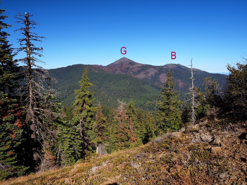 Grayback Mountain (G) and Big Sugarloaf Peak (B) from the rocky ridge above Miller Lake.